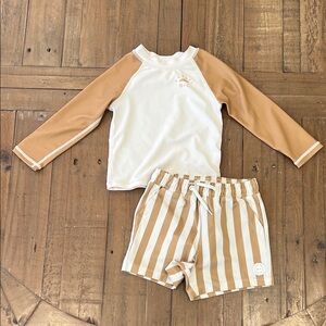 Rylee + cru marigold striped swim trunks and long sleeve rash guard set 12-18
